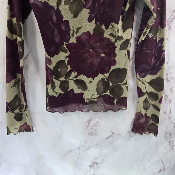 Vintage 90s Y2K Shirt Women Small Green Mesh Lettuce Hem Sheer Floral Rose - Picture 7 of 13